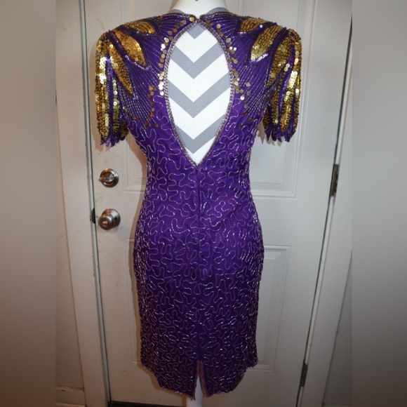 RARE FIND! Vintage Scala Purple Gold Fully Beaded Open Back Cocktail Dress - Picture 4 of 4